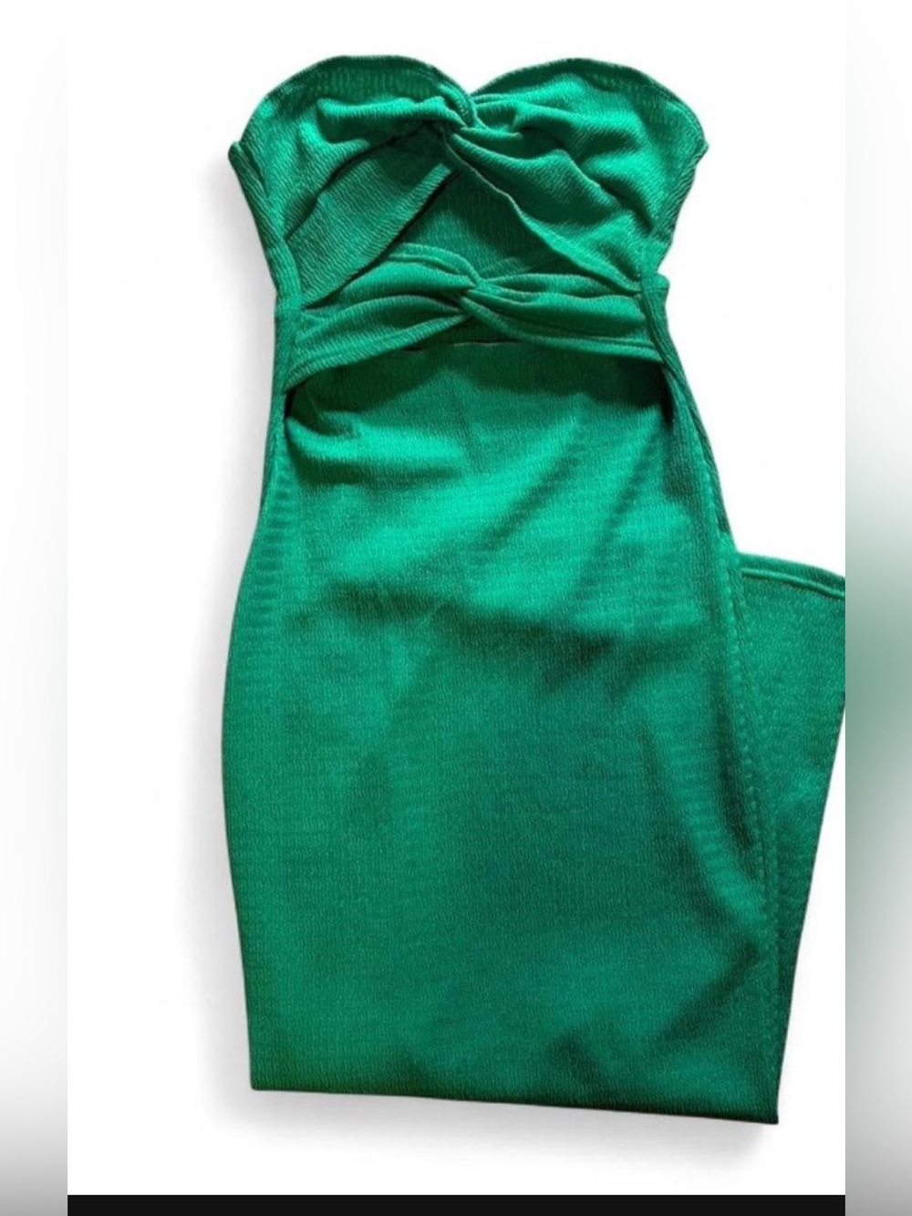 Strapless Twist-Front Midi Dress in Emerald Green